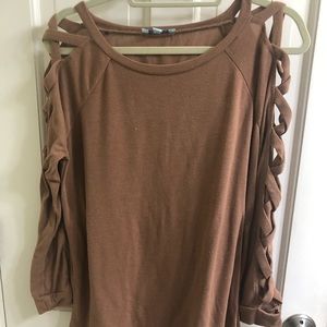 Tan long sleeve top with open sleeve detail